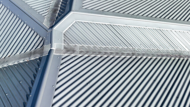 Drone aerial photograph of a grey coated corrugated iron roof on a domestic residence