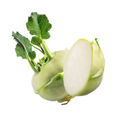 Floating Of Fresh Kohlrabi With Sliced, Without Shadow, Isolated Transparent Background