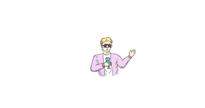 Animation of a man wearing sunglasses holding a party wine drink