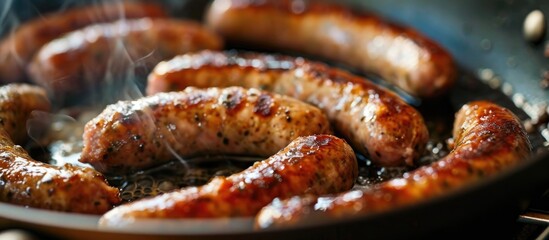 Italian sausage links sizzling in a pan. - obrazy, fototapety, plakaty