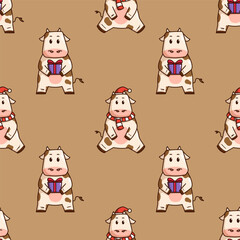 Naklejka premium cute cow seamless pattern on brown background