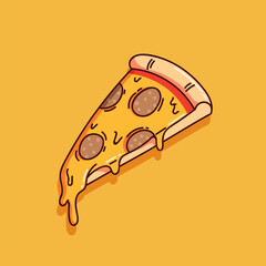 cute delicious pizza vector illustration on yellow background