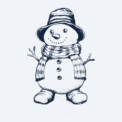 Snowman hand drawing in vintage style. 