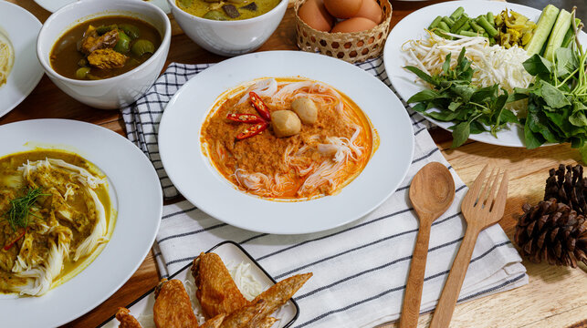 Rice noodles with curry sauce with a boiled egg. Eat with a variety of vegetables for deliciousness. (Kanom Jeen Nam Ya)