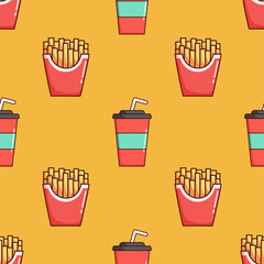 doodle cute french fries and soda cup pattern on yellow background