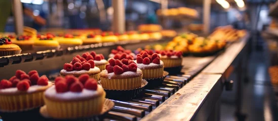 Fotobehang Brood Automated cake conveyor in bakery, baking process in food factory, industry.