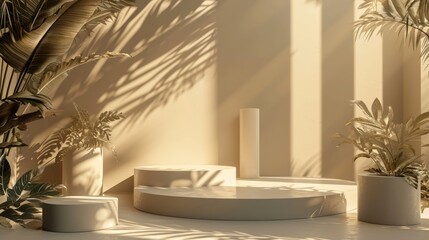 Cream round display abstract beige background and bright sunlight. 3D Modern Minimal showcase product presentation with plants. Generative AI