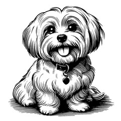 Full-length sitting Shih Tzu portrait. Hand Drawn Pen and Ink. Vector Isolated on White. Engraving vintage style illustration for print, tattoo, t-shirt, coloring book