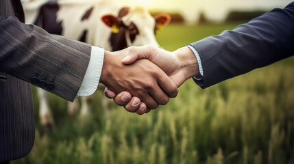 Business handshake on a farm background, signifying a deal or agreement. Generative AI