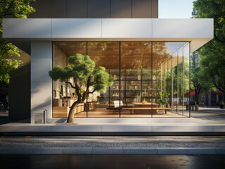 Minimalist urban storefront with reflective glass and tranquil interior. Modern architectural design. Generative AI