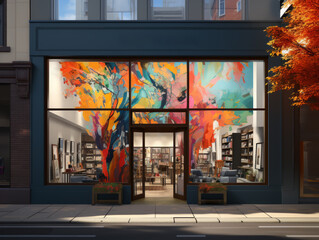 Vibrant art gallery front with colorful abstract window display. Contemporary aesthetic. Generative AI - obrazy, fototapety, plakaty