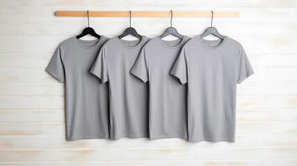 Four gray T-shirts on hangers against a white wooden background. Apparel mockup. Generative AI