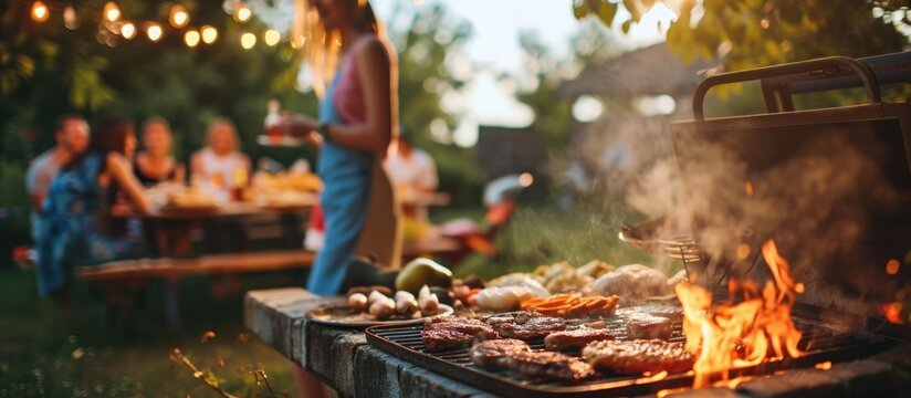 Unknown woman cooking food on grill for outdoor party. Happy men grilling dinner in backyard.