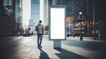 Man viewing blank advertising billboard at dusk in urban setting. Marketing and advertisement concept. Generative AI