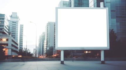 Fototapeta premium Freestanding billboard in evening cityscape, modern buildings background. Marketing and urban concept. Generative AI