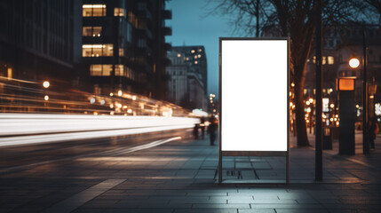 Empty billboard on a city sidewalk at night with blurred traffic lights. Advertising and urban concept. Generative AI