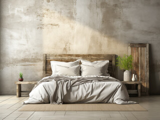 Rustic bedroom setup with wooden elements, textured wall background, organic living concept. Generative AI