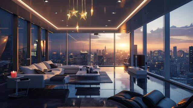 minimalist living room with floor-to-ceiling windows, seamless looping video background animation