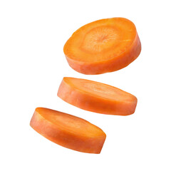 Floating Of A Fresh Carrot With Sliced Of Carrot, Isolated Transparent Background