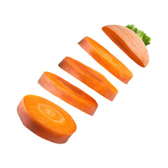 Floating Of A Fresh Carrot With Sliced Of Carrot, Isolated Transparent Background