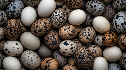 Obraz premium Close-up Assorted quail eggs with natural speckled patterns in various shades of brown and cream, showcasing diversity in organic shapes and textures