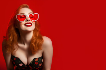 Young ginger woman in a dress and heart-shaped sunglasses on a red background with copy space for text. Ginger girl in red glasses smiling with closed eyes in pin-up style. - obrazy, fototapety, plakaty