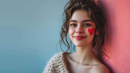 Close-up photo of a beautiful young woman with a red heart on her cheek and pink wall in the background. Valentine's Day concept.