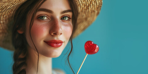 Close-up photo of a beautiful young woman in a straw hat with a red lollipop in the form of a heart on a blue background. Valentine's Day, Summertime, Vacation concept. - obrazy, fototapety, plakaty