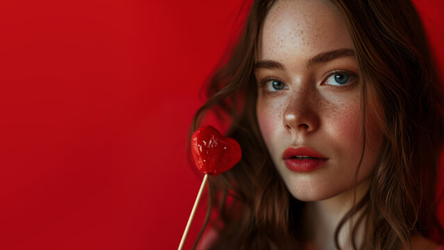 Close-up photo of a beautiful young girl with blue eyes and a red lollipop in the form of a heart on a red background with copy space for text. Valentine's Day concept.