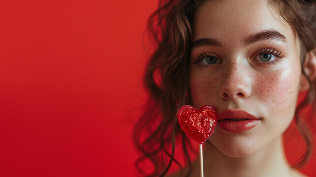 Close-up photo of a beautiful young girl with a red lollipop in the form of a heart on a red background with copy space for text. Valentine's Day concept.
