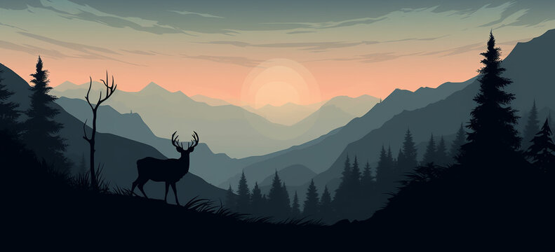 Graphic black silhouettes of wild deers