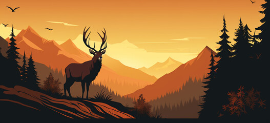 Graphic black silhouettes of wild deers - Powered by Adobe