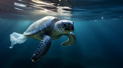 Wandcirkels plexiglas Environmental issue of plastic pollution problem. Sea Turtles can eat plastic bags mistaking them for jellyfish Sea turtle trapped in a plastic bag, Stop ocean plastic pollution concept © ND STOCK