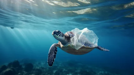 Fotobehang Environmental issue of plastic pollution problem. Sea Turtles can eat plastic bags mistaking them for jellyfish Sea turtle trapped in a plastic bag, Stop ocean plastic pollution concept © ND STOCK