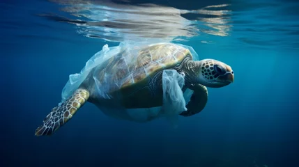 Foto op Aluminium Environmental issue of plastic pollution problem. Sea Turtles can eat plastic bags mistaking them for jellyfish Sea turtle trapped in a plastic bag, Stop ocean plastic pollution concept © ND STOCK