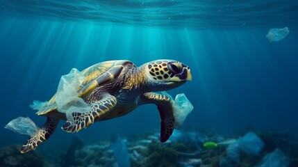 Fototapeta premium Environmental issue of plastic pollution problem. Sea Turtles can eat plastic bags mistaking them for jellyfish Sea turtle trapped in a plastic bag, Stop ocean plastic pollution concept