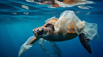 Fototapeten Environmental issue of plastic pollution problem. Sea Turtles can eat plastic bags mistaking them for jellyfish Sea turtle trapped in a plastic bag, Stop ocean plastic pollution concept © ND STOCK