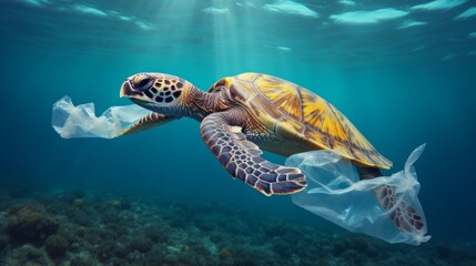 Environmental issue of plastic pollution problem. Sea Turtles can eat plastic bags mistaking them for jellyfish Sea turtle trapped in a plastic bag, Stop ocean plastic pollution concept - obrazy, fototapety, plakaty