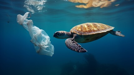 Fototapeta premium Environmental issue of plastic pollution problem. Sea Turtles can eat plastic bags mistaking them for jellyfish Sea turtle trapped in a plastic bag, Stop ocean plastic pollution concept