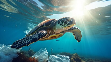 Fototapeta premium Environmental issue of plastic pollution problem. Sea Turtles can eat plastic bags mistaking them for jellyfish Sea turtle trapped in a plastic bag, Stop ocean plastic pollution concept