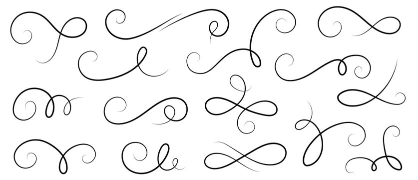 Line flourish swirl vector calligraphy ornament elements. Fancy line flourish text typography accent, filigree modern curve ornament. Curl elegant vintage simple design elements. Vector illustration