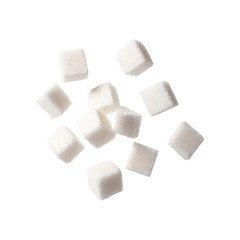 Floating Of White Sugar Cubes, Without Shadow, Isolated Transparent Background