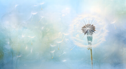 Nature's Fragility Delicate dandelion with seeds dispersing in a soft, dreamy blue background
