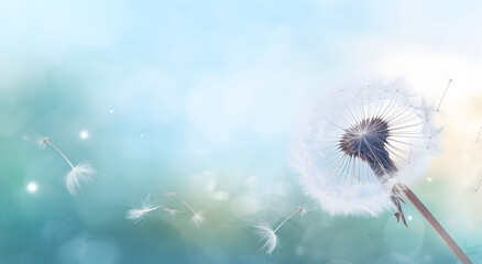 Delicate dandelion with seeds dispersing in a soft, dreamy blue background