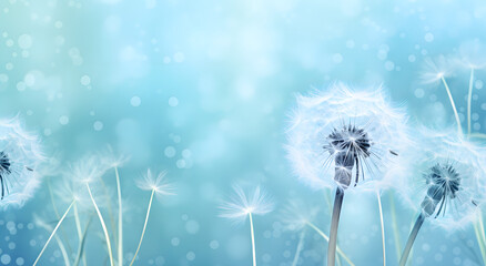 Nature's Fragility Delicate dandelion with seeds dispersing in a soft, dreamy blue background