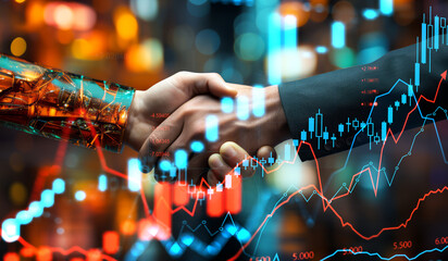 Business people handshake, stock market graph chart. Ai generative illustration