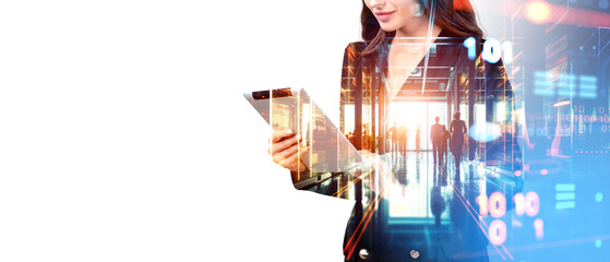 Woman with tablet and data server, copy space. Ai generative illustration