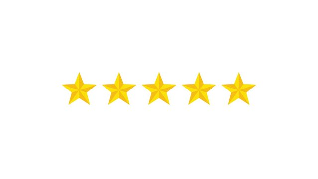 Five golden stars on a white background – Video animation for product, service, or content rating or ranking reviews