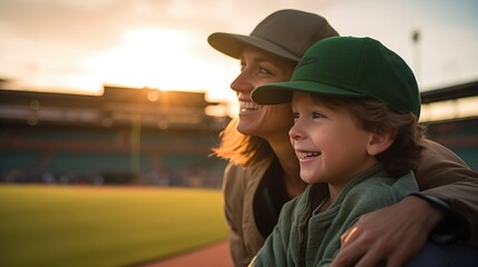 portrait of a child,  boy and mother smiling at baseball stadium.