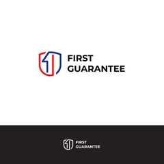 First Guarantee with number one and shield icon logo design illustration